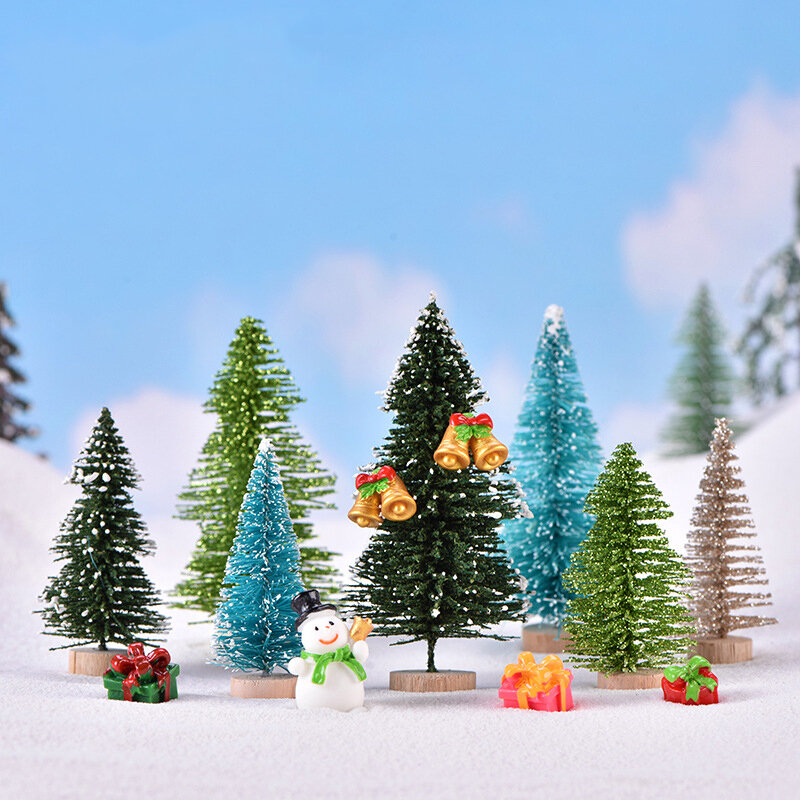 Mini árvore de Natal cedro de seda do sisal, pequena árvore festiva, ouro, prata, azul, verde, branco
