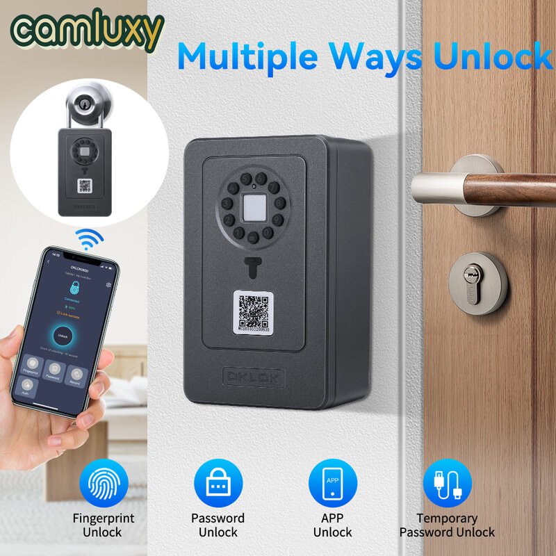 Camluxy-caja de seguridad inteligente con huella dactilar, cerradura de almacenamiento, 6 códigos de contraseña digitales, combinación de código, tarjeta IC, desbloqueo