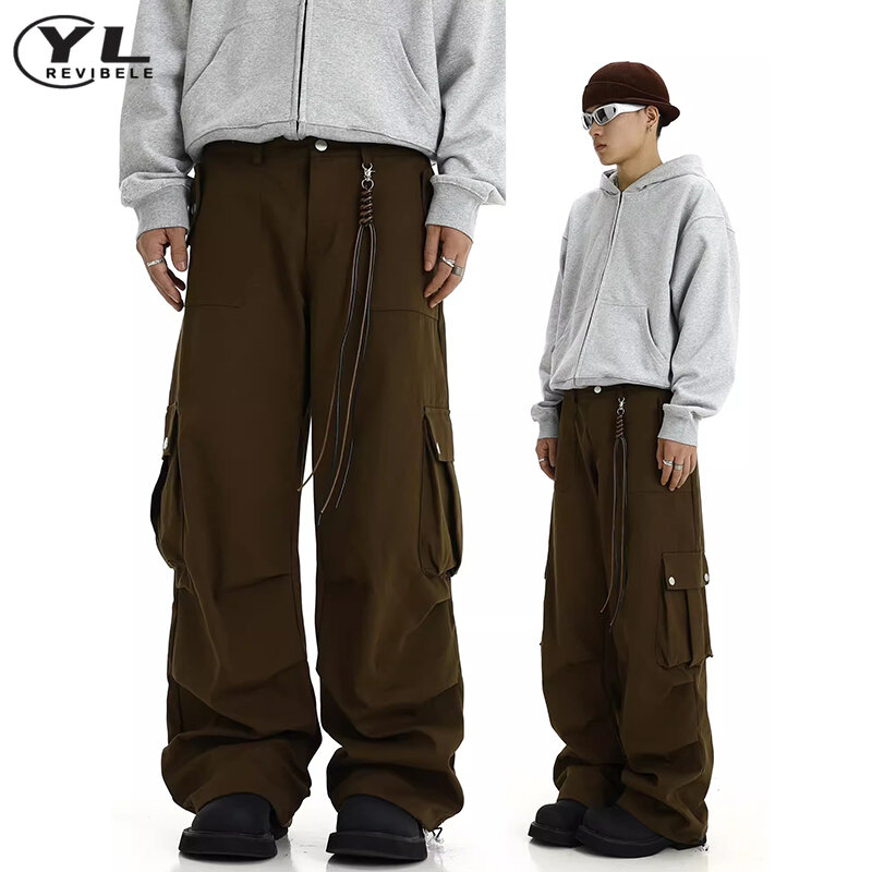 Hip Hop Big Pocket Cargo Pant Men Solid Color Baggy Vintage Straight Pants Male Street Jogging Casual Trousers Spring Autumn New