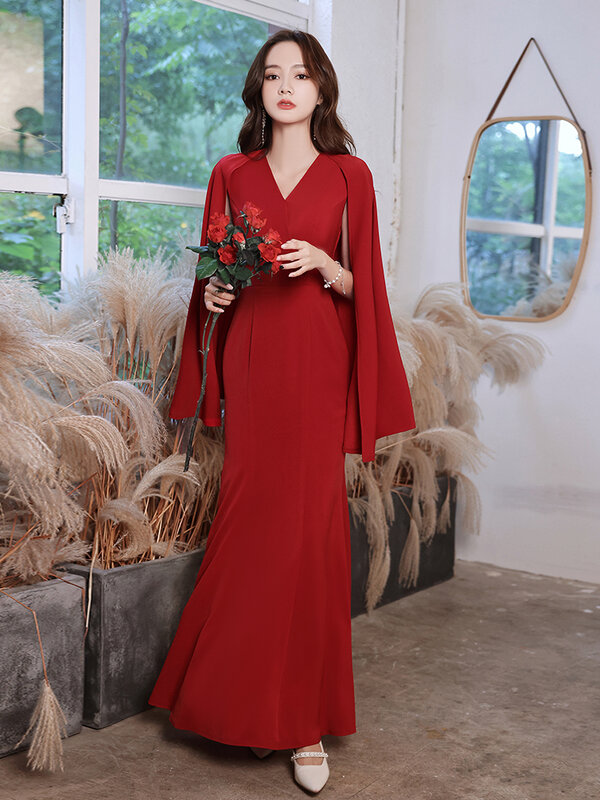 Solemn Women's Evening Dress 2023 Autumn New V-neck Cape Sleeve Zipper Slim Fishtail Dresses Elegant Lady Business Banquet Gown