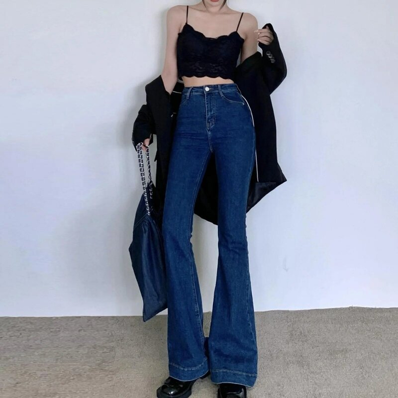 Ladies Vintage High Waisted Flare Jeans Pants Elastic Slimming Fit Sexy Trousers Fashion Slight Destroyed Retro Jeans For Women
