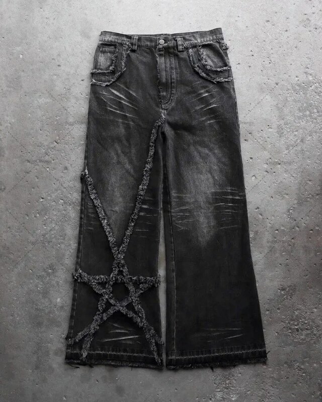 High Street high-waisted baggy jeans casual straight leg wide-leg pants stars furred jeans retro Harajuku fashion Men y2k Goth