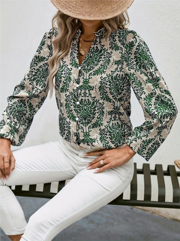 Bluzka z nadrukiem w stylu vintage 2024 Nowa moda Bluzki z długim rękawem Dopasowana odzież Jednorzędowa koszula damska Slim Lady Top Wears
