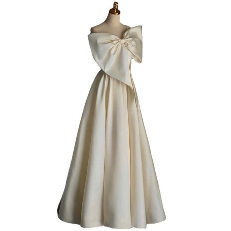 Fashion One Shoulder Wedding Dresses With Big Bow Elegant Long Sleeveless Brides Wedding Dresses Comfortable Satin Prom Dress