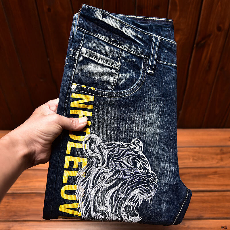 New high-end embroidered printed jeans for men slim fit fashionable distressed patches scratched elastic trendy casual denim pan