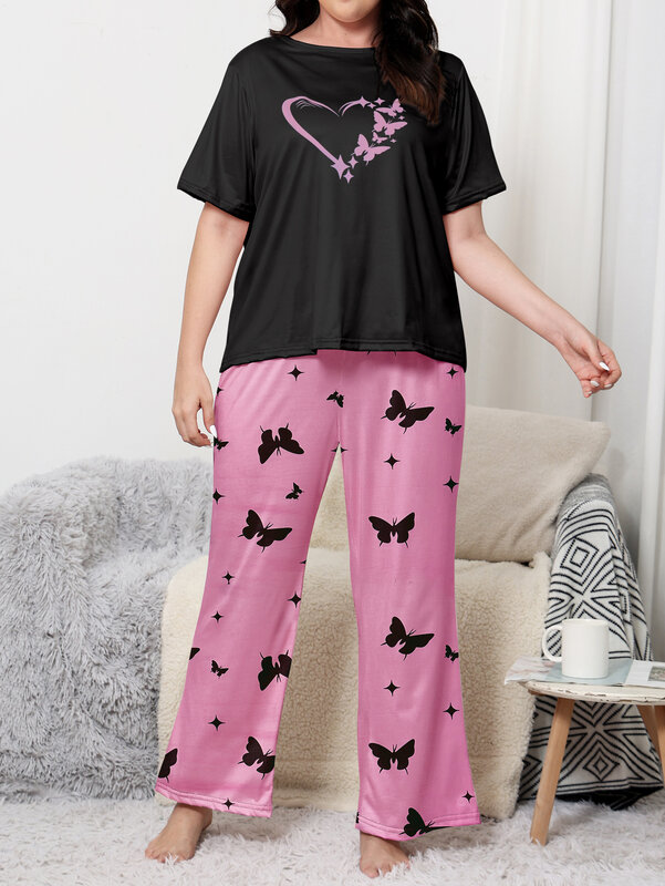Grote Maat Pyjama Set, Love Korte Mouwen Vlinderbroek, Geschikt Voor Zowel Thuis Als Vrijetijdskleding. Broekset Met Korte Mouwen, Plus