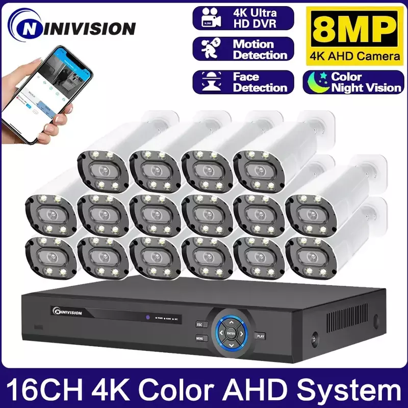 H.265 16CH Video Surveillance 4K AHD DVR CCTV Security System 8MP Face Detection Color Night Vision Outdoor AHD Camera Kit