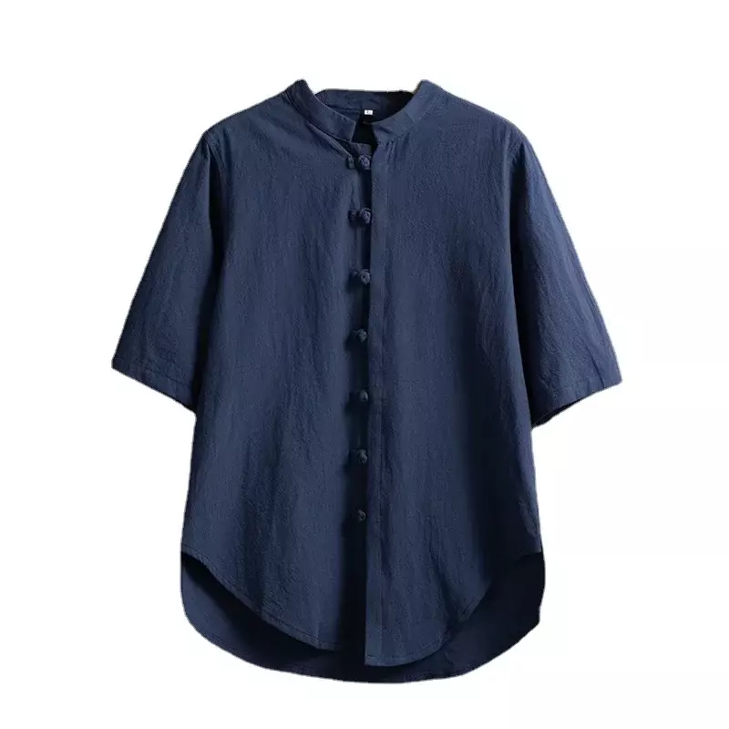 قميص رجالي صيني بأكمام قصيرة من الكتان ، قميص عتيق بأزرار إلى أسفل ، ياقة واقفة ، بلوزة فضفاضة كبيرة الحجم ، لون سادة ، 2021