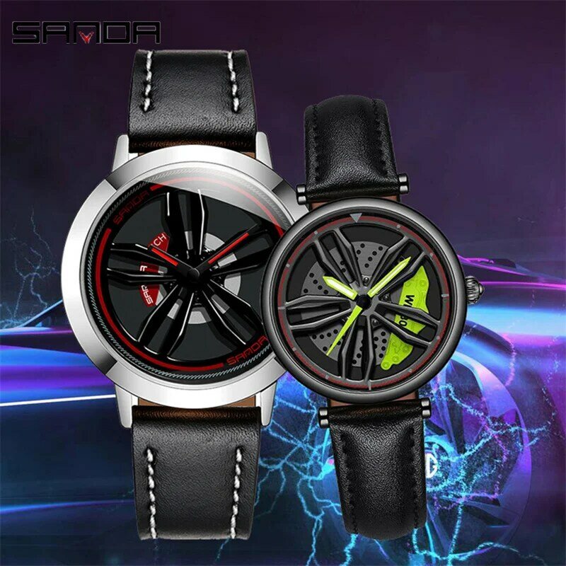 SANDA 1010 1074 New Fashion Luxury 360 Rotating Car Wheel Dial Sports Quartz Watch Casual Leather Strap Waterproof Wristwatches