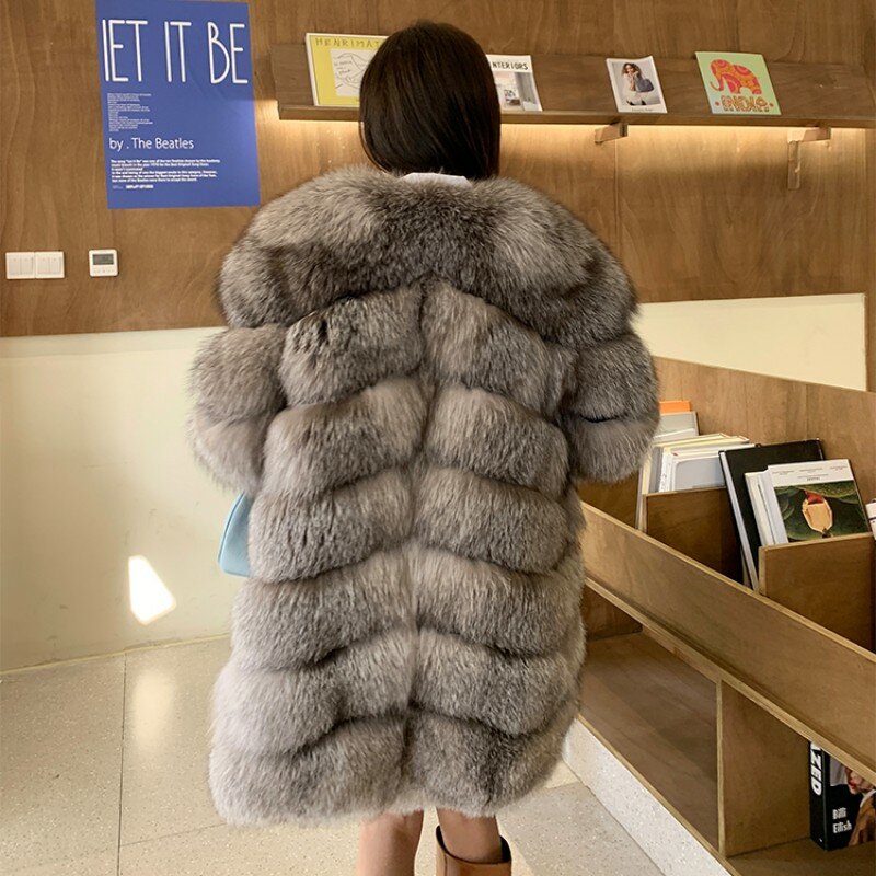2023 nowych modnych naturalny srebrny płaszcz z lisiego futra kobiet z dekoltem w szpic cała skóra futro zimowe grube miękkie ciepłe długie kurtka z futra lisa
