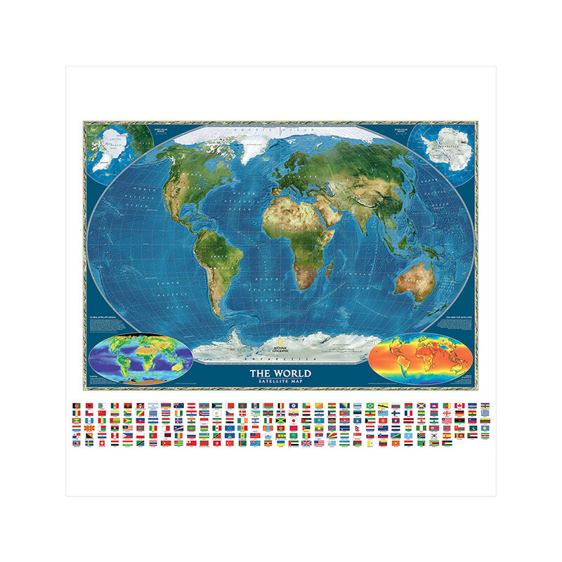خريطة العالم غير المنسوجة رذاذ ، خريطة العالم الأقمار الصناعية مع علم البلد والسطح ، خريطة درجة الحرارة ، 150x150cm