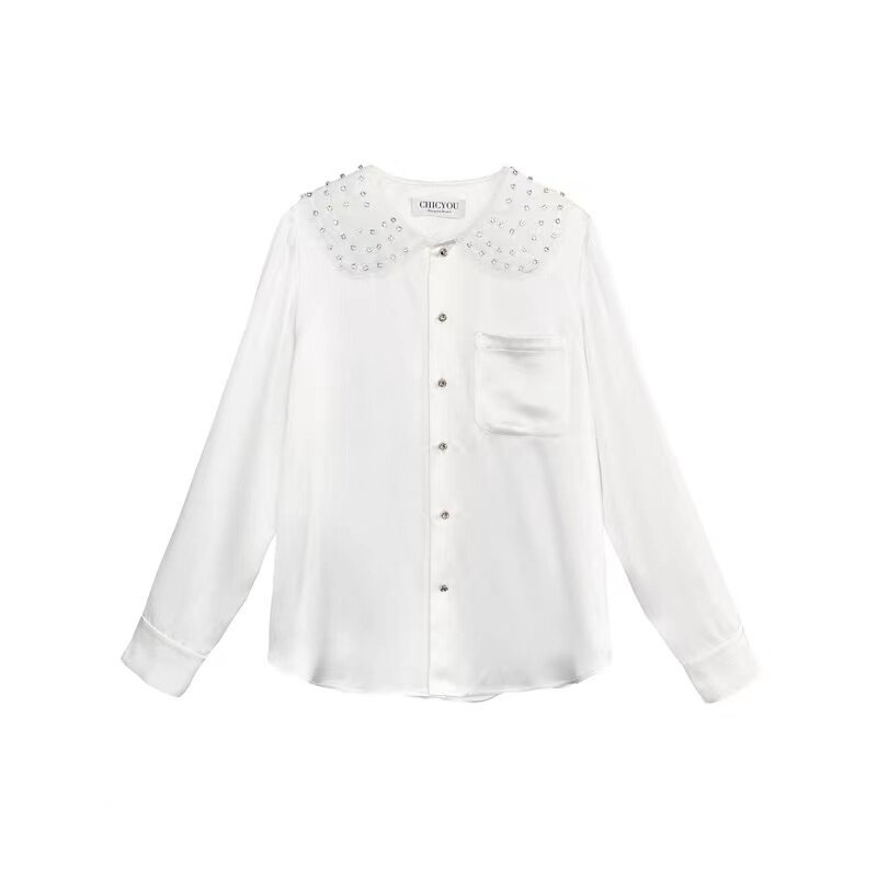 Camisa branca estilo lapela feminina, parte superior cravejada, gola redonda, doce e solta, roupa feminina, moda coreana, nova, primavera
