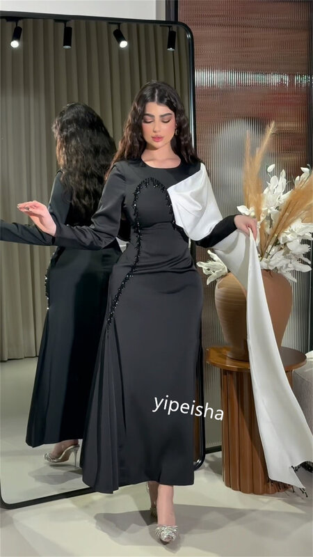 Prom Dress Saudi Arabia Satin Beading Graduation A-line O-Neck Bespoke Occasion Gown Midi Dresses
