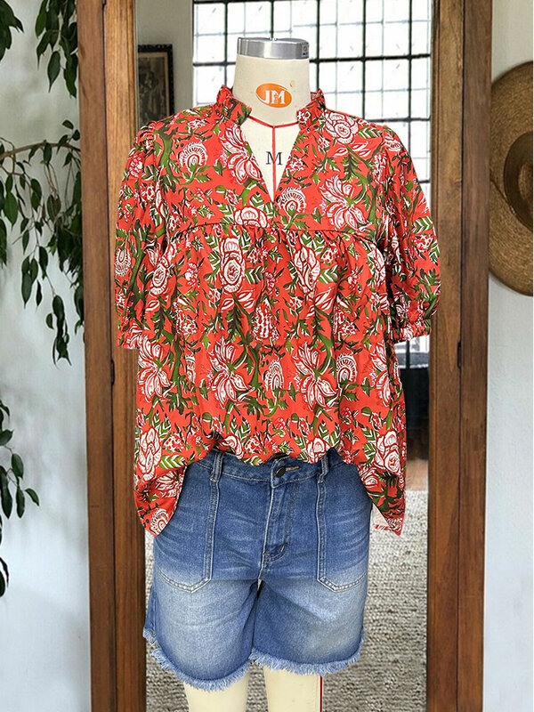 Blusa de manga abullonada con cuello en V y estampado Floral Vintage, camisas Koraal