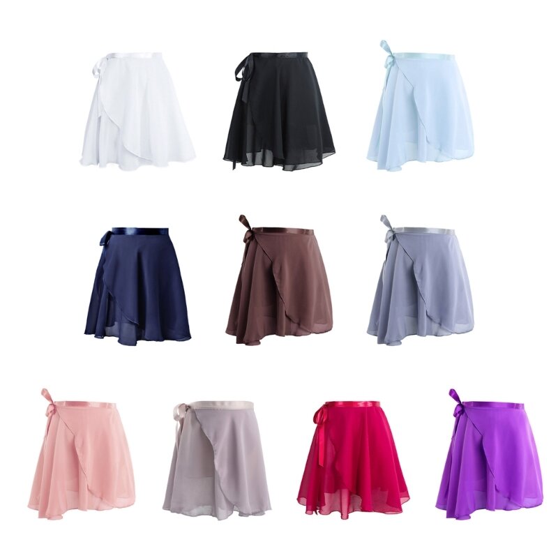 Womens Ballet Skirt Dance Wrap Skirt with Adjustable Waist Ties Solid Color Gymnastics Leotard Mini Skirts Tutus N7YD