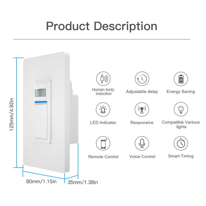 Tuya Smart WiFi PIR Motion Sensor Light Switch,Single Pole US Neutral Wire Required,Smart Life Work with Alexa/Google Assistant
