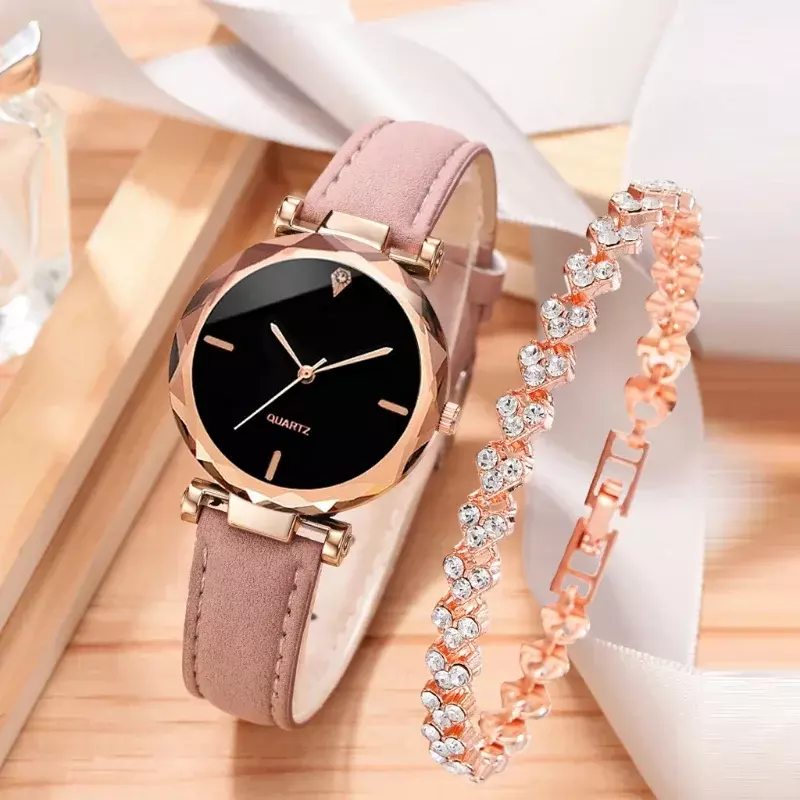 Conjunto de relógio de couro PU feminino, relógio de pulso de quartzo, pulseira strass, ouro rosa, liga, pulseira, presente feminino, luxo, moda, 2 peças