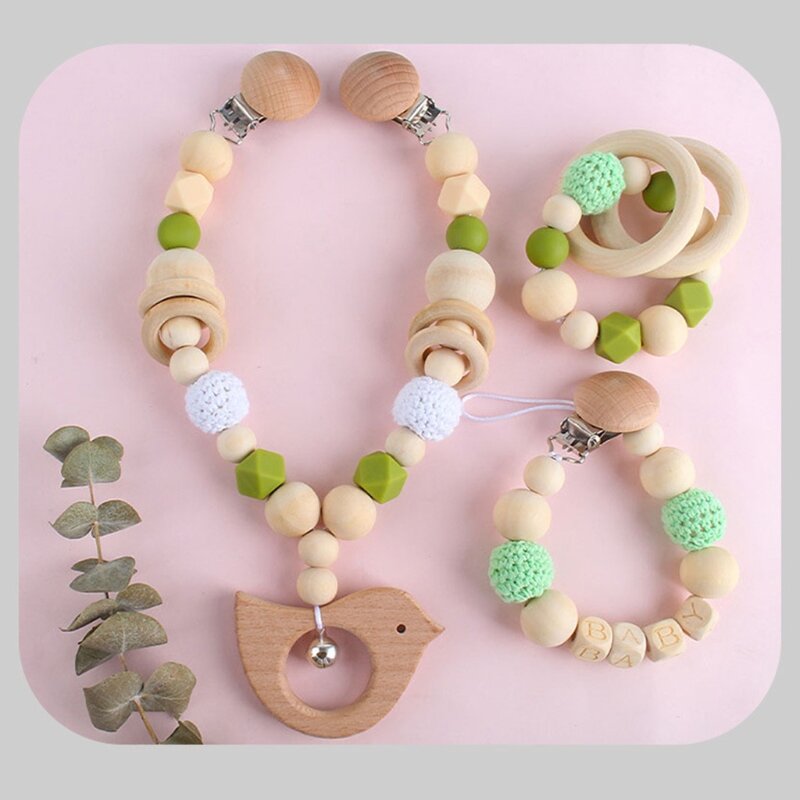 Pacifier Chain Clip Stroller Baby Teether Teething Wooden Mobile Rattle Bed