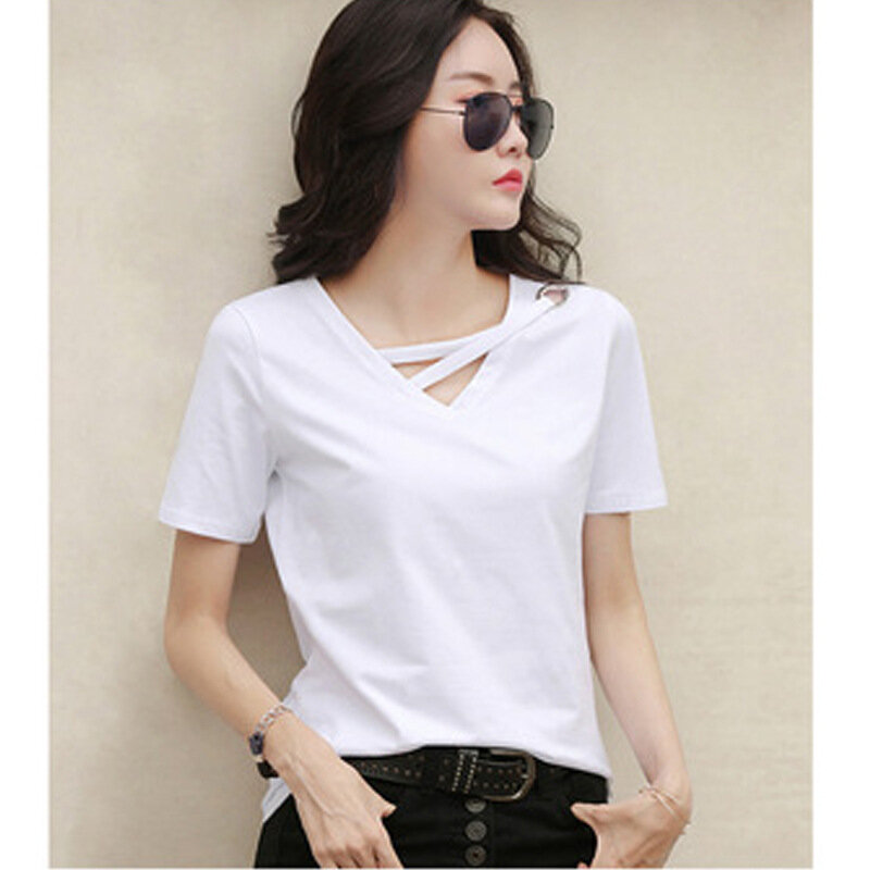 MRMT-Camiseta blanca de manga corta para mujer, ropa holgada con cuello en V, versión coreana de blusa negra, informal, 2024