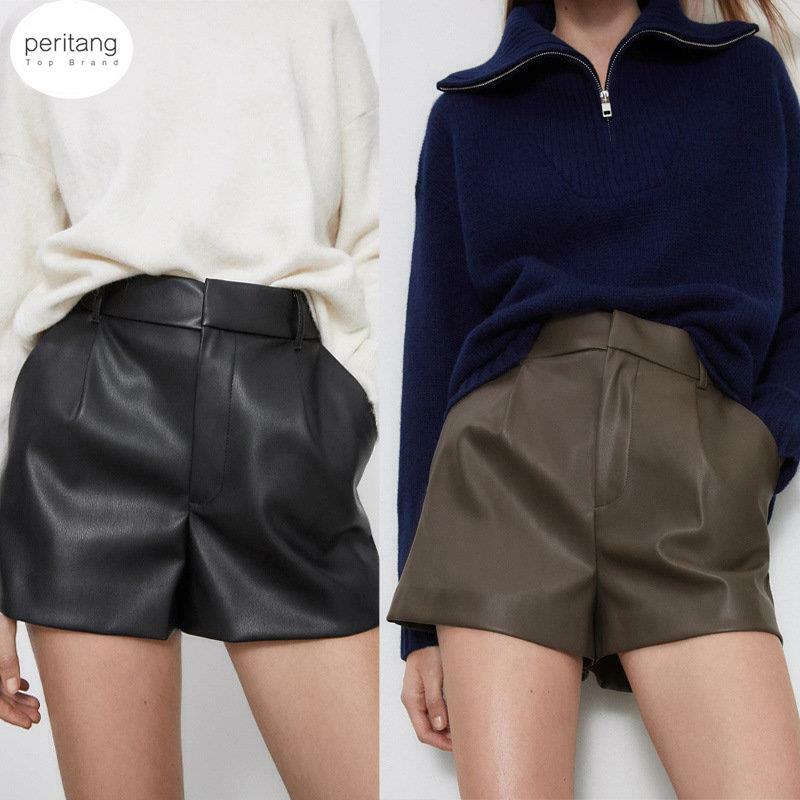 PERITANG Women Chic Fashion Side Pockets Faux Leather Shorts Vintage High Waist Zipper Fly Female Short Pants Mujer