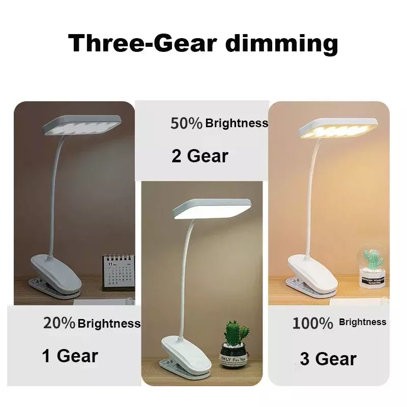 유연한 접이식 LED 충전식 책상 램프, 클립 독서, 야간 조명, LED 터치, 3 가지 모드 디밍, 눈 보호 조명