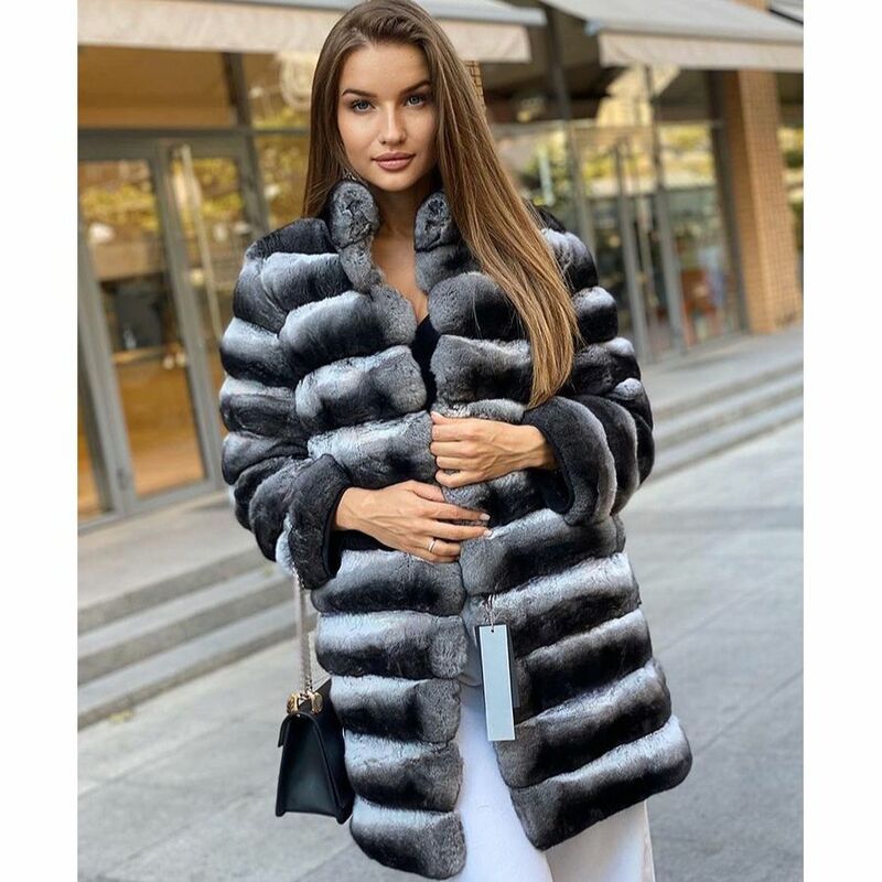 Women's Fur Jacket Real Rabbit Fur Coat With Stand Collar Natural Rex Rabbit Fur Jackets Mid-Length Outerwear