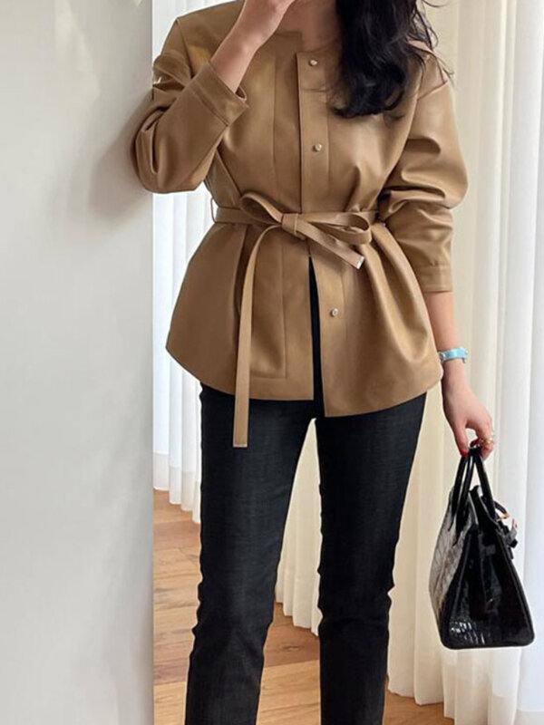 Women's Spring Belt Faux Leather Jacket Single Breasted Round Neck Coat Korean Style Outerwears Stylish Tops