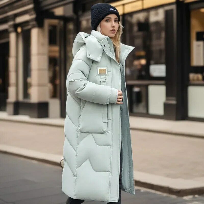 2024 Spring Women's Cotton-padded Long Down Coat Loose Half Collar With Cap Coats Female Keep Warm Elegant Casual Ladies Clothes
