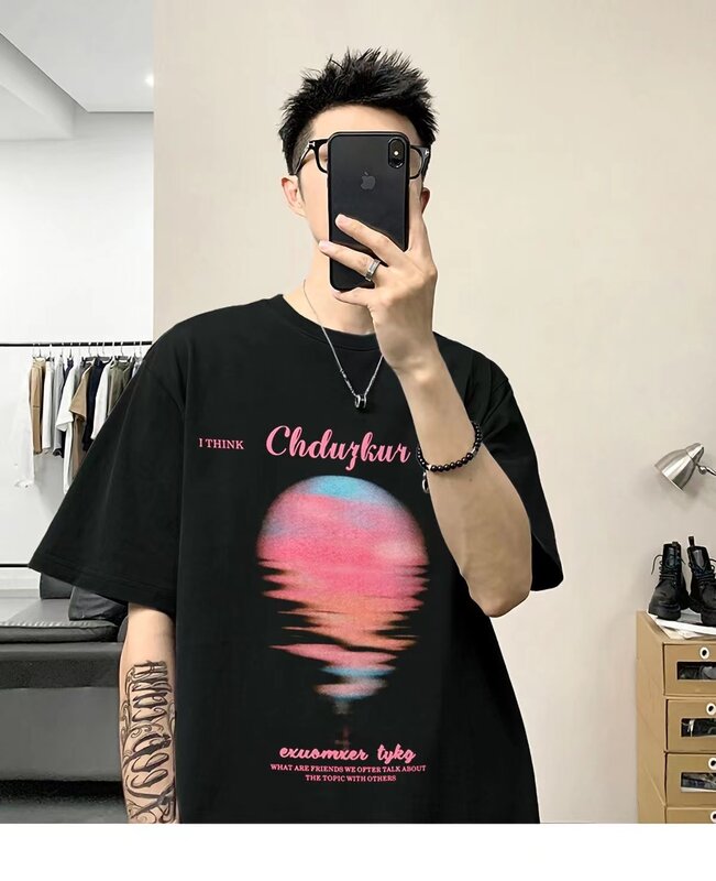 2024 New Summer Print Pink Pure Cotton Short Sleeve T-shirts Shorts Suit Match Loose Tops Man Outdoor Casual Sunshine Boy Tee