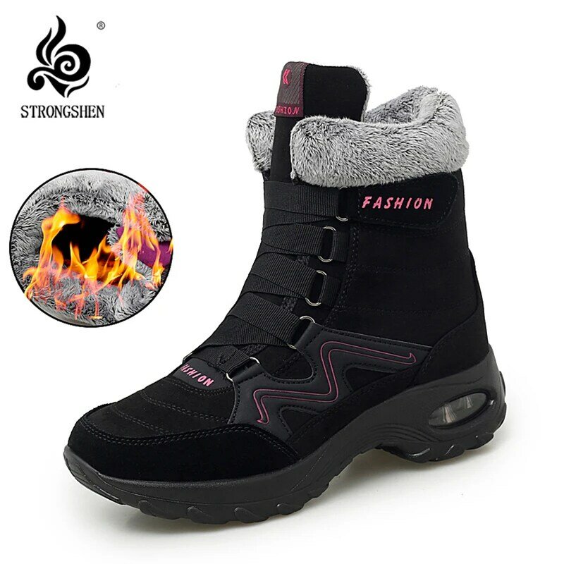 STRONGSHEN Winter Women Snow Boots Warm Thick Plush Snow Boots Waterproof Fashion Wedge Suede Boots Non-Slip Booties Botas Mujer