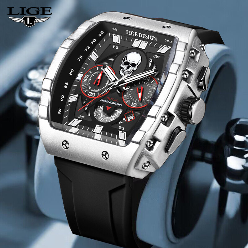 Lige-メンズ防水クォーツ腕時計,トップブランド,クロノグラフ,発光日付,シリコンストラップ,高級