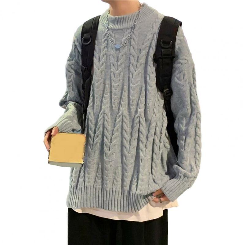 Men Autumn Winter Pullover Sweater Top Solid Color Round Neck Long Sleeve Loose Fitting Knitted Sweater