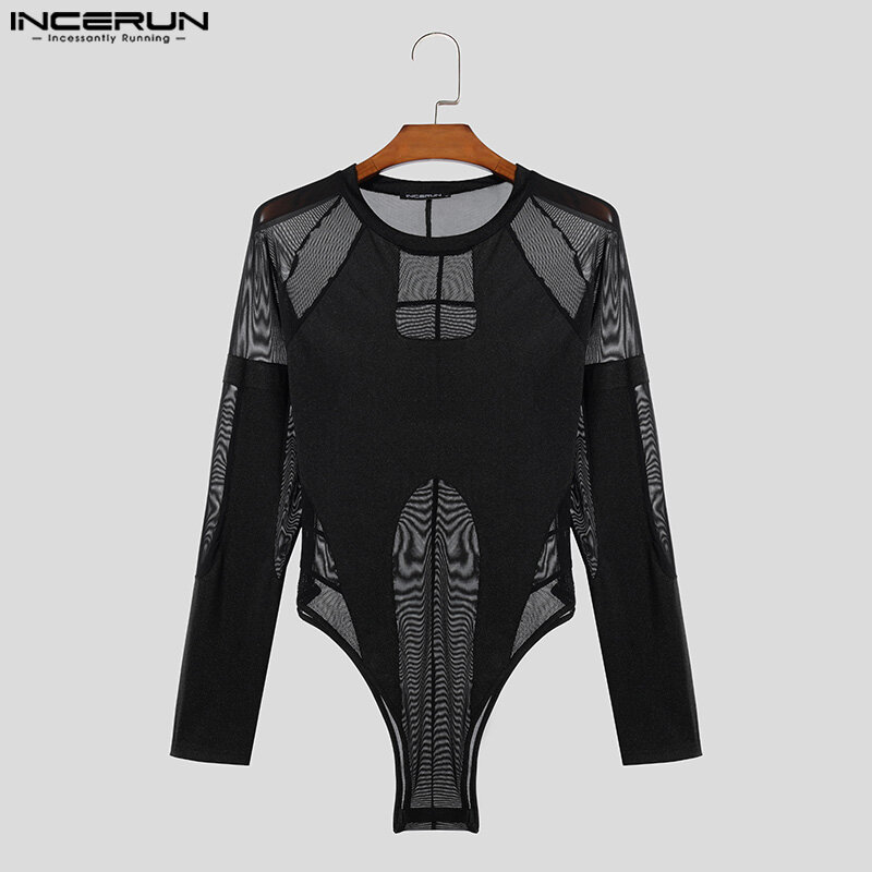 INCERUN 2024 Sexy Fashion Men's Homewear Jumpsuits Thin See-through Mesh Splicing Rompers Triangle Long Sleeved Bodysuits S-3XL