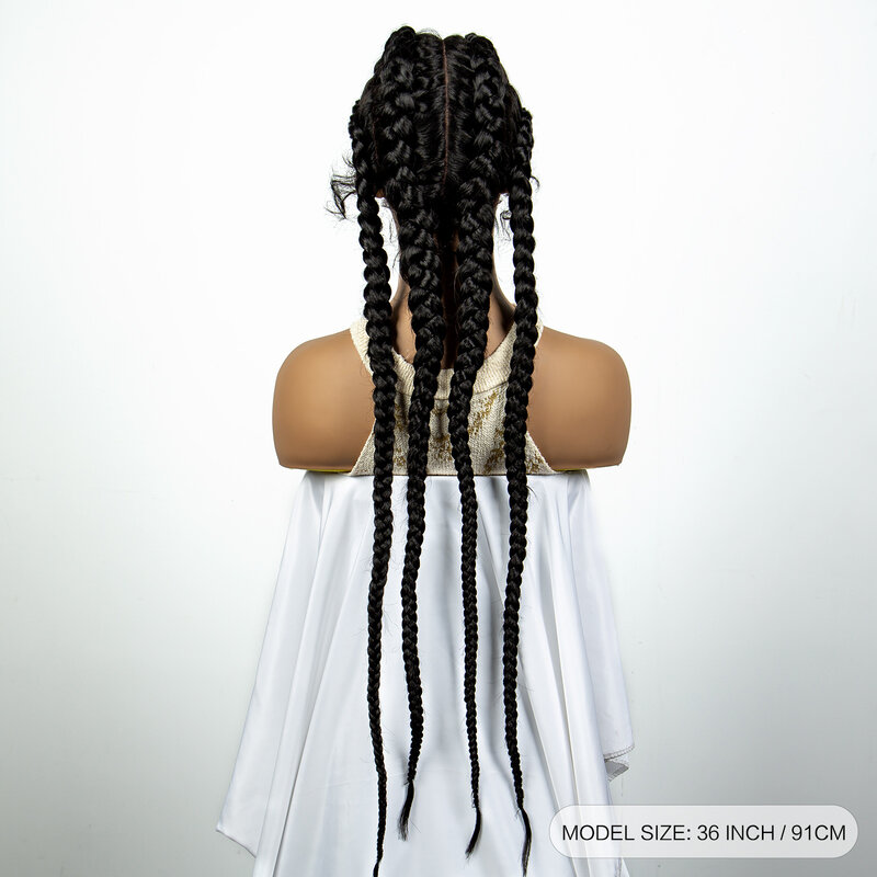 Wig kepang Cornrow sintetis 36 inci untuk wanita, Wig kepang rambut Afro kotak Frontal renda rambut untuk wanita warna hitam