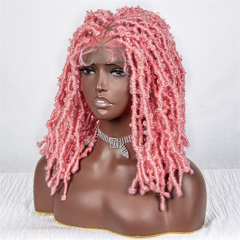 Tranças cheias de renda perucas para mulheres negras, 14 polegadas, cabelo sintético curto, Dreadlocks macios, densidade de 180%, cor rosa