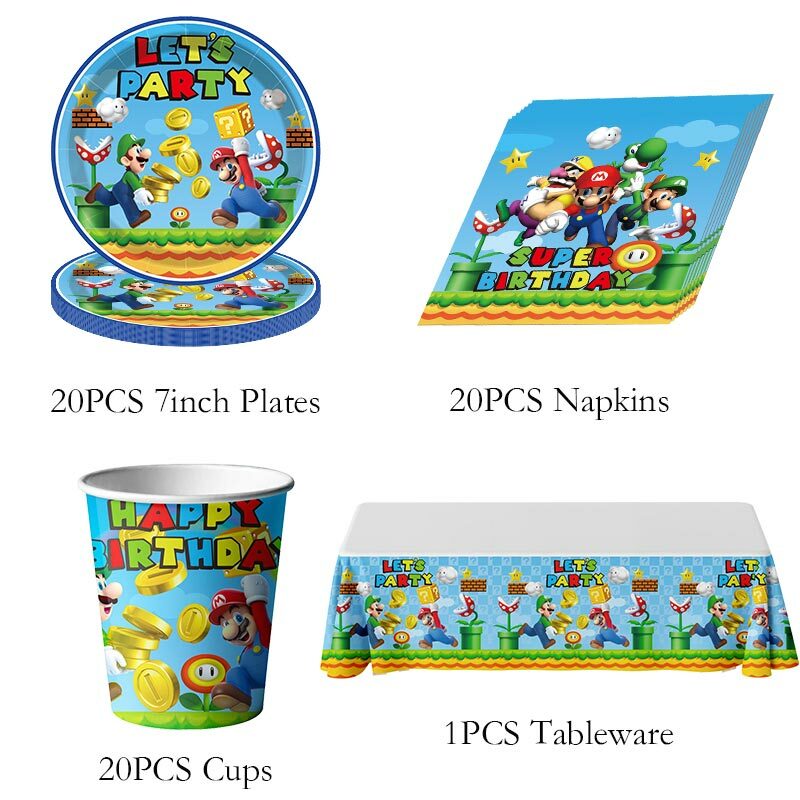 Super Mario Bros Birthday Party Decoration Game Mario Brother Theme stoviglie Cup Plate Balloon Party Supplies sfondo per bambini