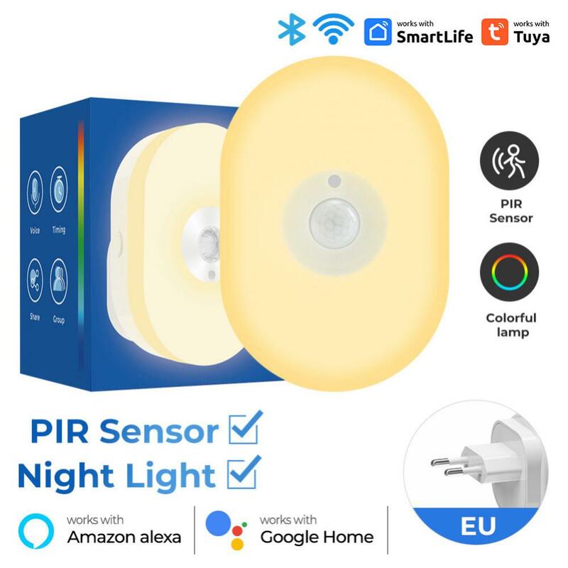 WiFi Tuya Smart LED Night Light PIR Motion Sensor Light EU US UK Plug Wall Lamp Warm White RGB Room App Voice For Alexa Googl