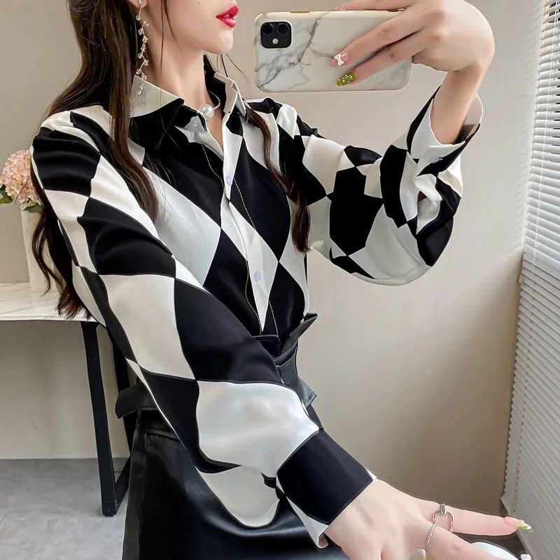 Elegant Printing Loose Chiffon Blouse Spring New Long Sleeve Polo Neck Loose Office Shirt Tops Vintage Fashion Women Clothing