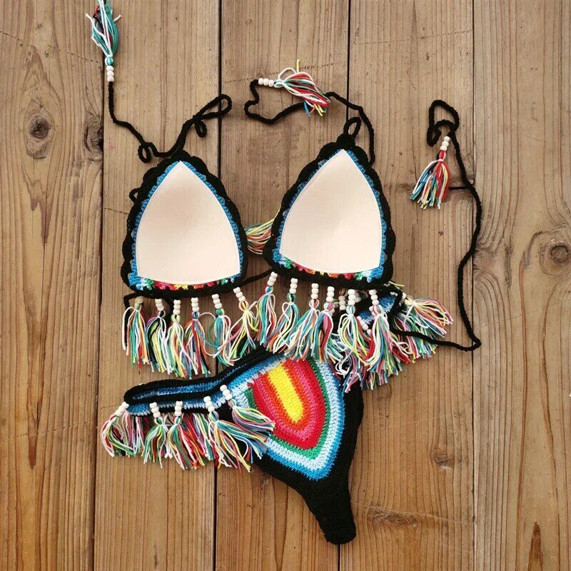 Nowe damskie koraliki w stylu etnicznym dekoracje z frędzlami zestawy bikini seksowne stringi ręcznie robione na drutach stroje kąpielowe damski brazylijski strój kąpielowy