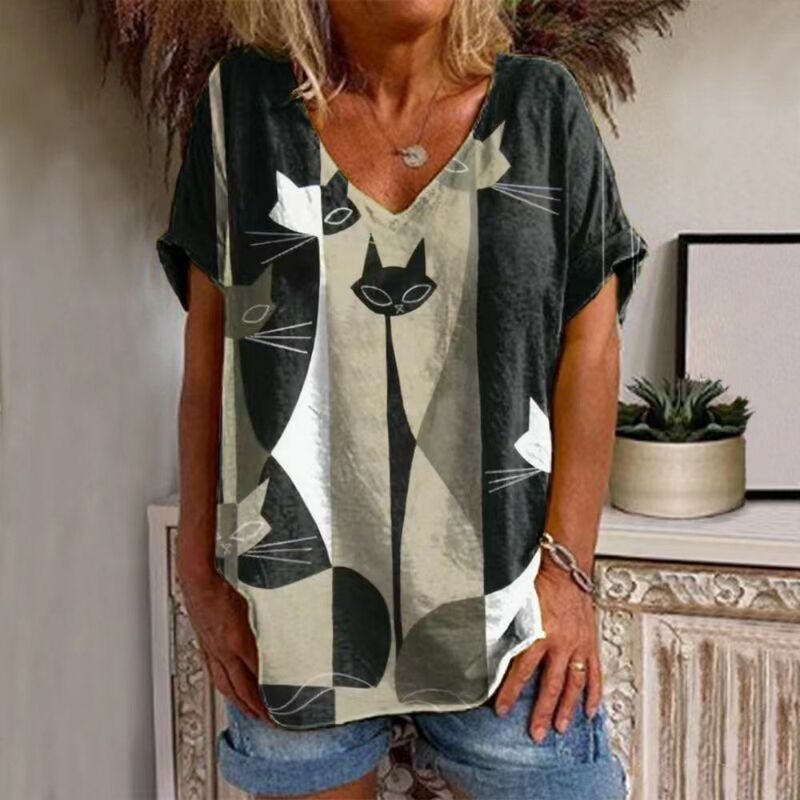 Sommer lässig V-Ausschnitt T-Shirt Frauen Katze Print Shirt Top lose Vintage Frauen Street Wear Kurzarm Kleidung S-5XL