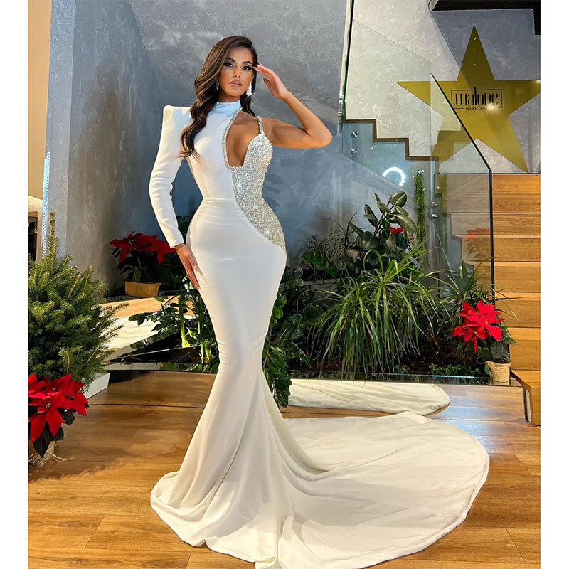 Elegante weiße Meerjungfrau Abendkleider eine Schulter Pailletten formelle lange Party Ballkleid Falten Kleider für besondere Anlässe