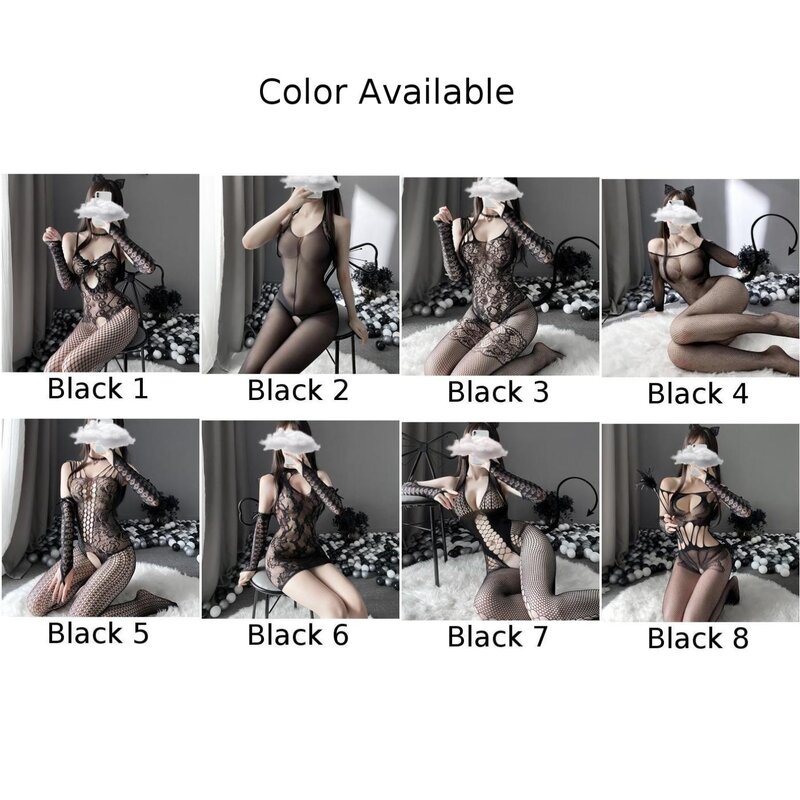 Lencería negra Sexy para mujer, Body de rejilla ahuecado, medias transparentes, entrepierna abierta, ropa de dormir erótica