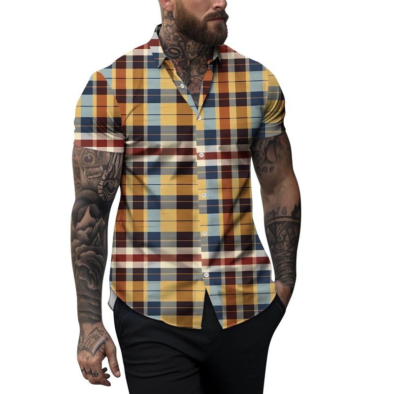 Camisa casual de lapela xadrez estampada masculina, blusa manga curta, moda masculina elegante, confortável, primavera, verão