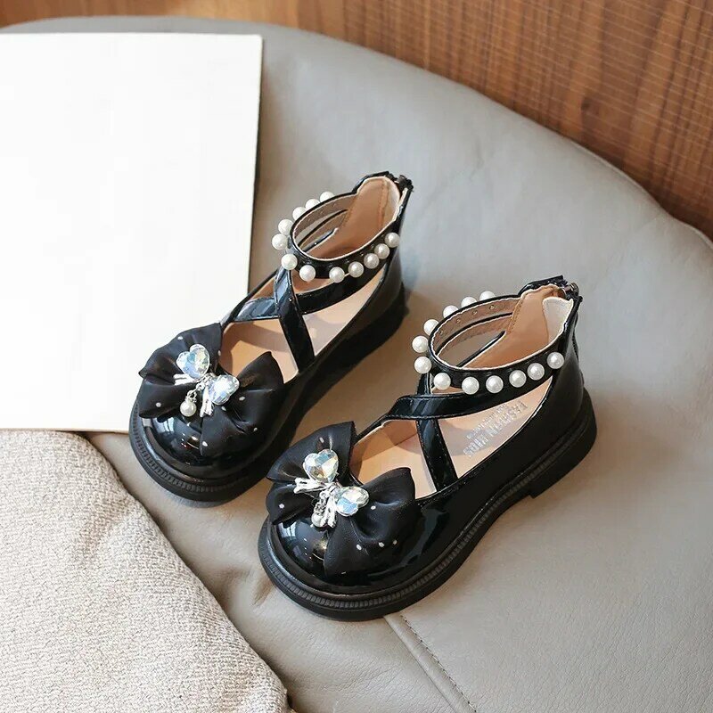 Sepatu kulit anak-anak gaya Lolita sepatu putri untuk anak perempuan manis mutiara dasi kupu-kupu gaun kasual anak-anak sepatu Mary Jane untuk pesta