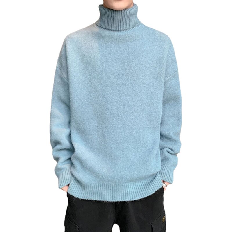 Jesień/zima nowa, polarowa pogrubiony stylowy męski sweter z golfem dla mężczyzn w jednolitym kolorze dopasowana ciepła sweter z klapami odzież męska
