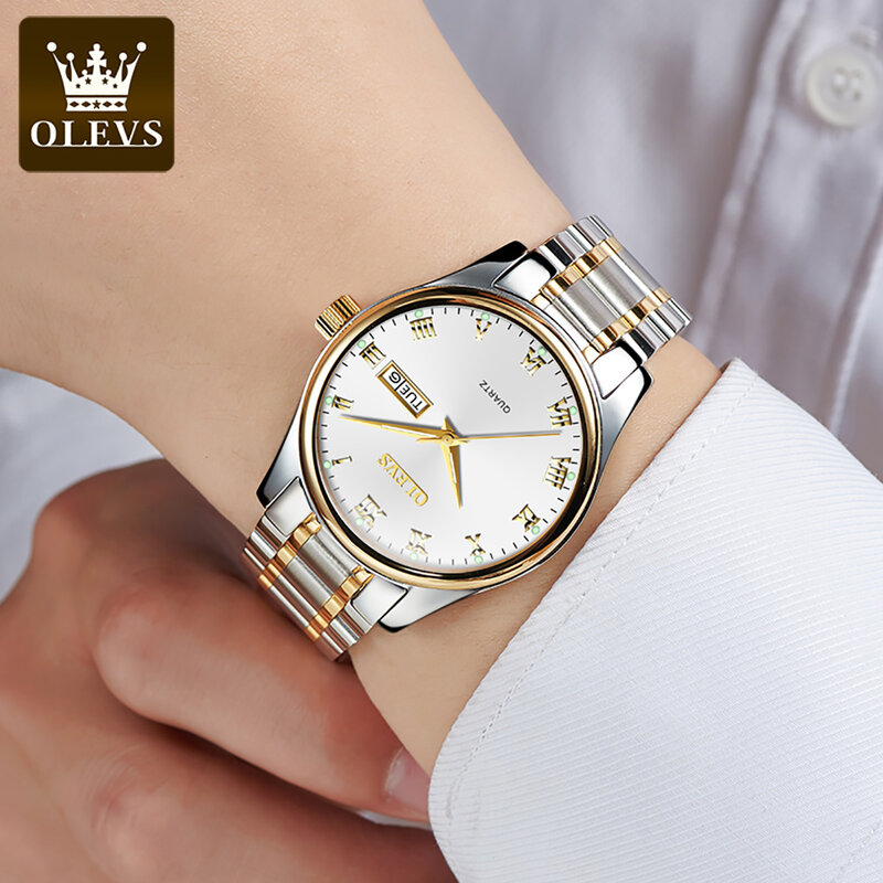 OLEVS jam tangan Quartz anti air untuk pria, jam tangan pria mewah baja tahan karat, jam tangan tali kulit, jam tangan Minggu tanggal
