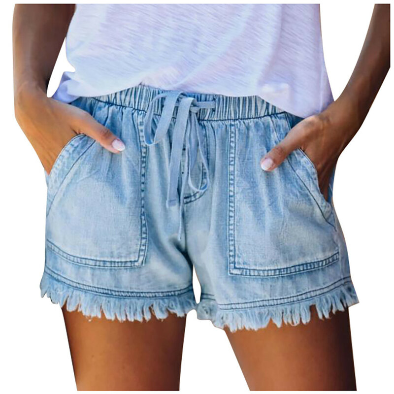 Shorts jeans estilo quebrado feminino, jeans de bolso, borla, calça inferior a bandagem, verão