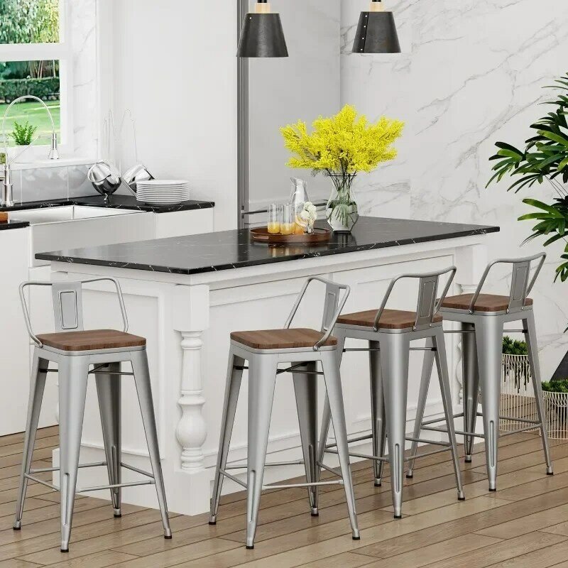 26 inch Bar Stools Set of 4 Kitchen Counter Height Barstools with Wood Seat Metal Low Back Bar Chairs