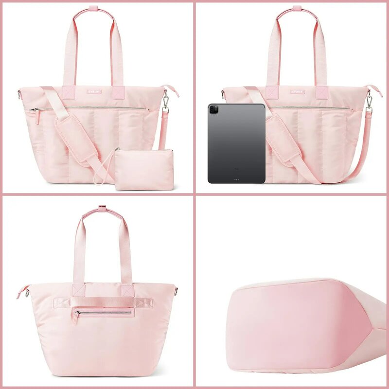 Women's pink padded tote bag: practical with laptop compartment and zipper closure - perfect for travel, fitness vacations