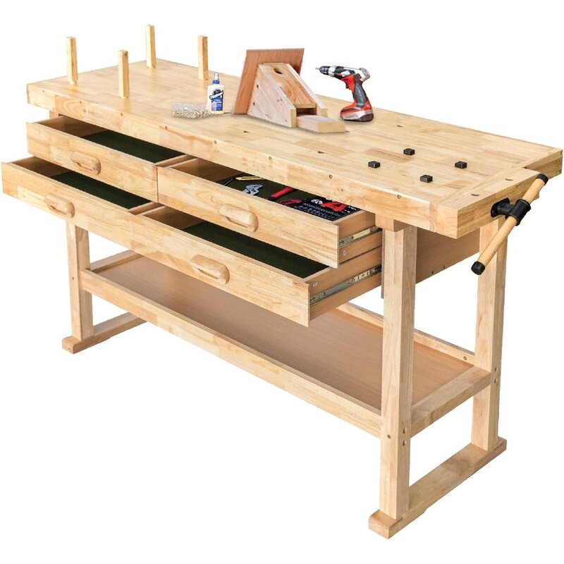 طاولة عمل خشبية مع 4 أدراج ، طاولة عمل من الخشب المطاطي ، مثالية ، مثالية ، سعة وزن 60 بوصة ، 450 رطل